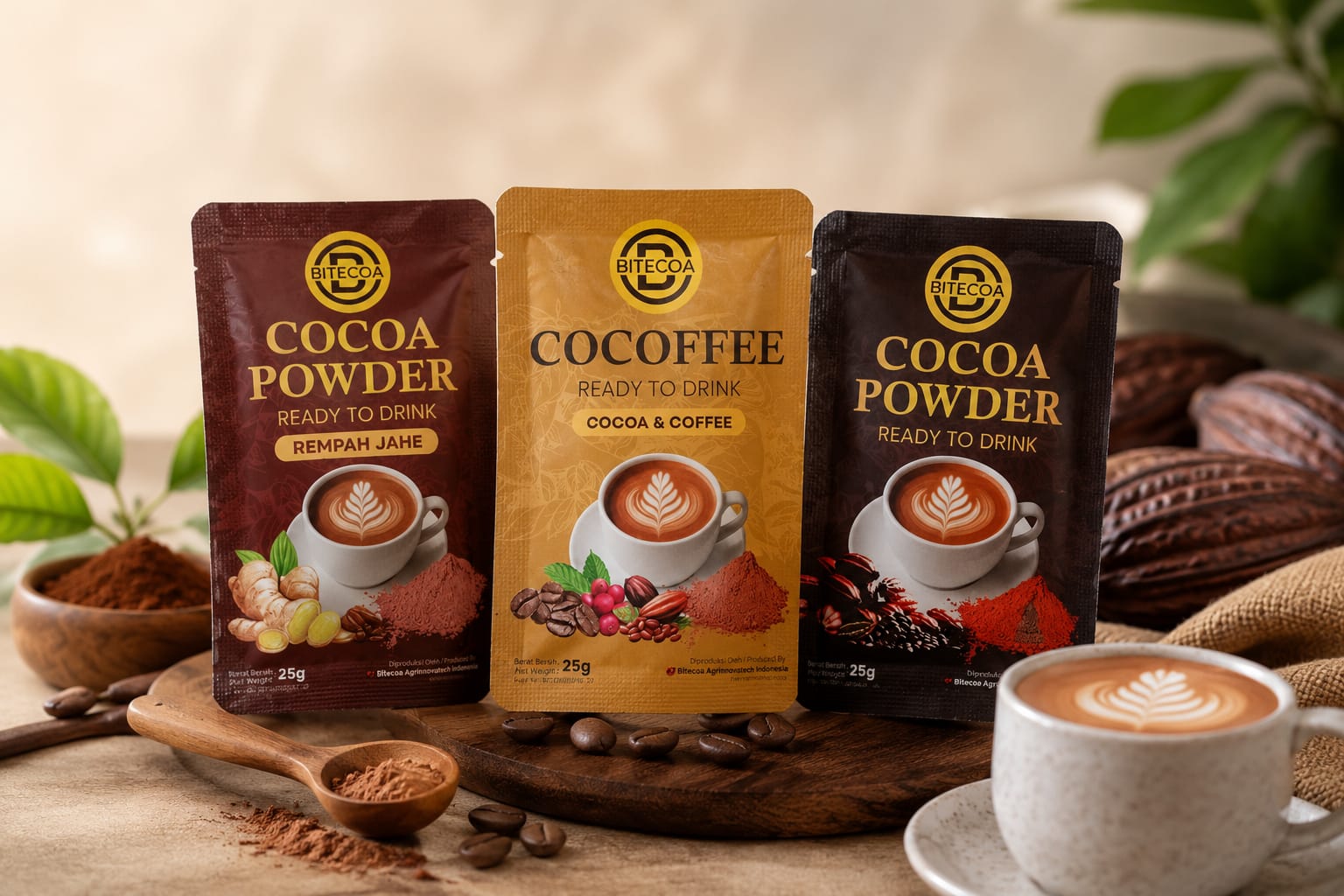 Tiga varian sachet Bitecoa: Cocoa Powder Rempah Jahe, Cocoffee, dan Cocoa Powder Classic