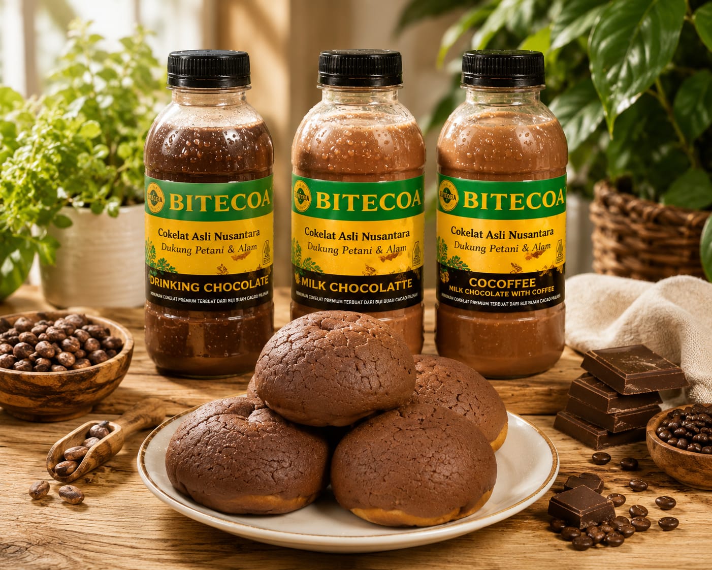 Jajaran produk Bitecoa: Drinking Chocolate, Milk Chocolatte, dan Cocoffee bersama camilan cokelat